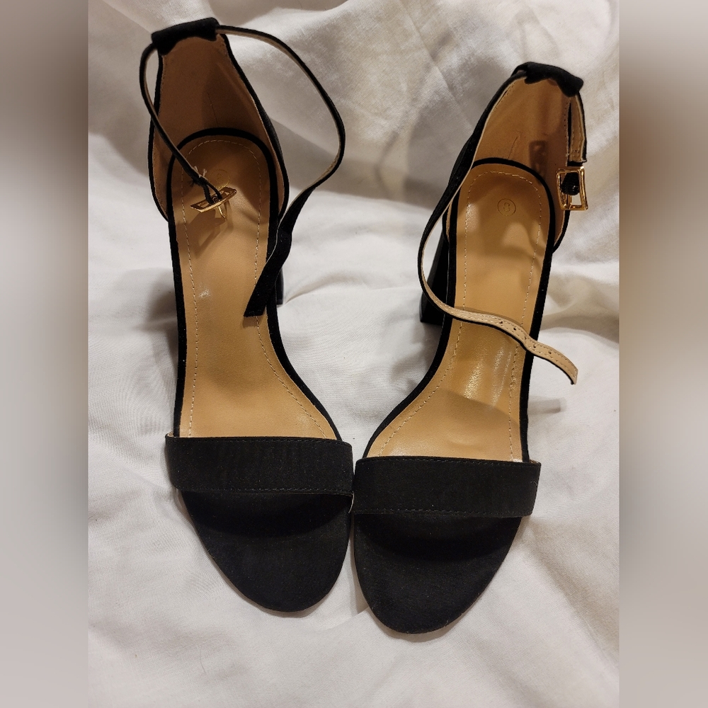 NIB CHUNKY BLOCK HEAL ANKLE STRAP FAUX SUEDE SANDAL SHOE SIZE 8 BLACK - Picture 11 of 12